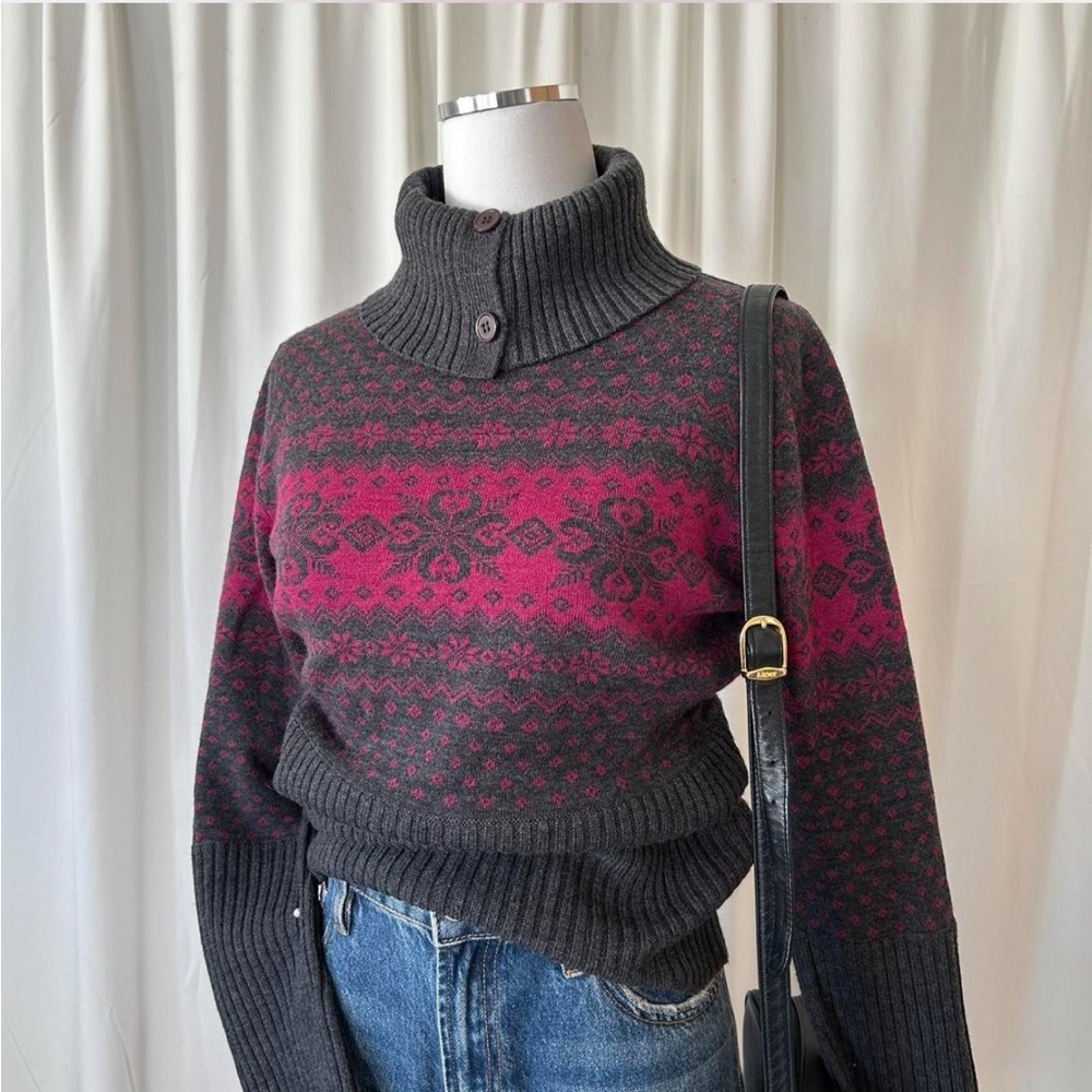 Fair Isle Krimson Klover wool ski sweater folded collar with buttons medium. - Picture 5 of 8